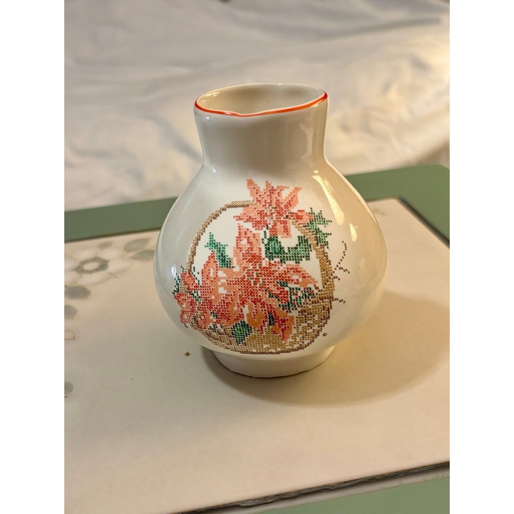 Vintage Charming bud vase with cross-stitch design of flower